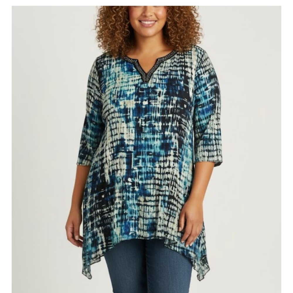 Catherines Colorful Blue Green Beaded Crinkle Bell Sleeve‎ Pleated Blouse 5X